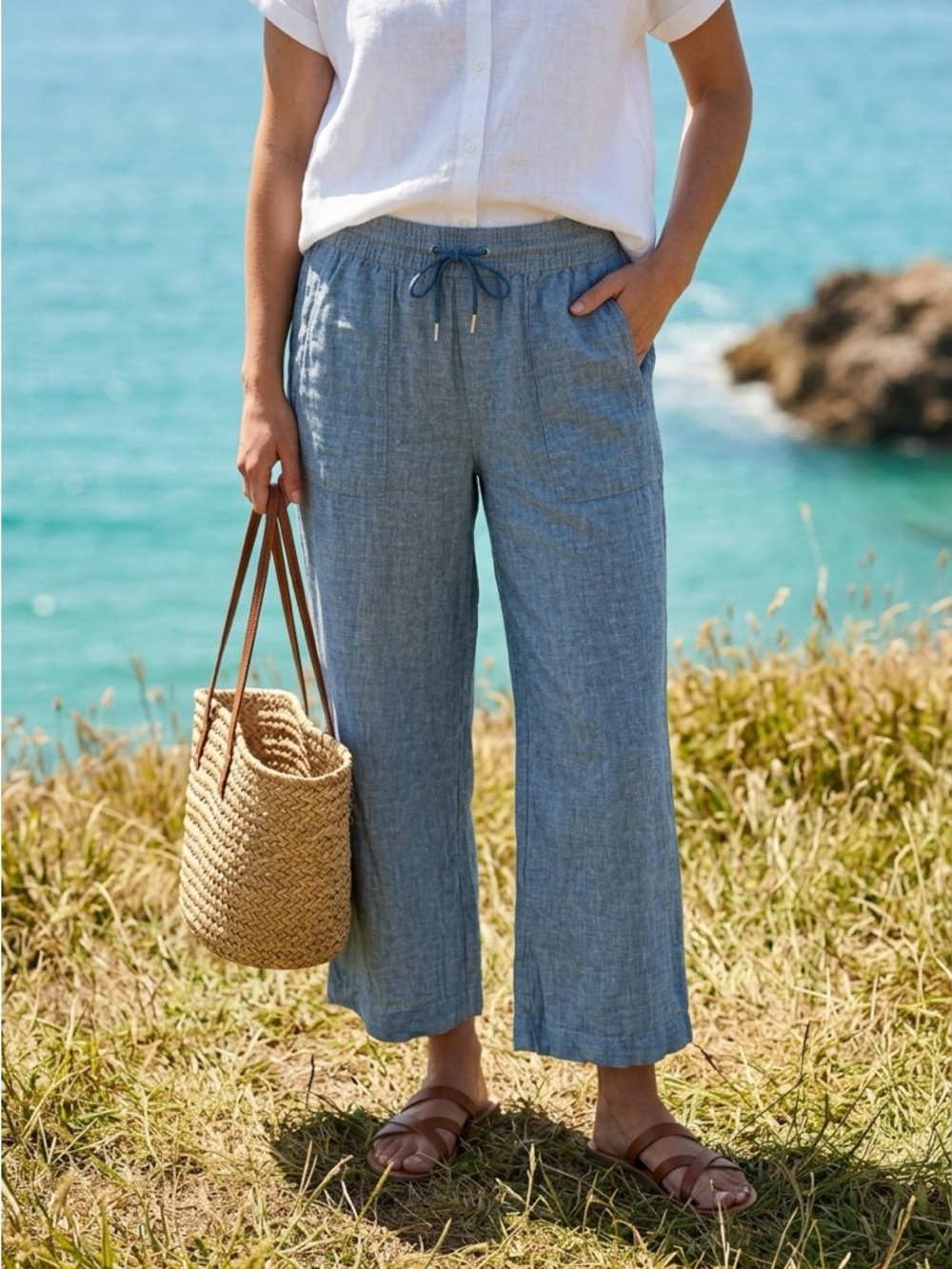Athleta Linen Wide Leg Pants Chambray Blue Elastic Waist Drawstring Size 12